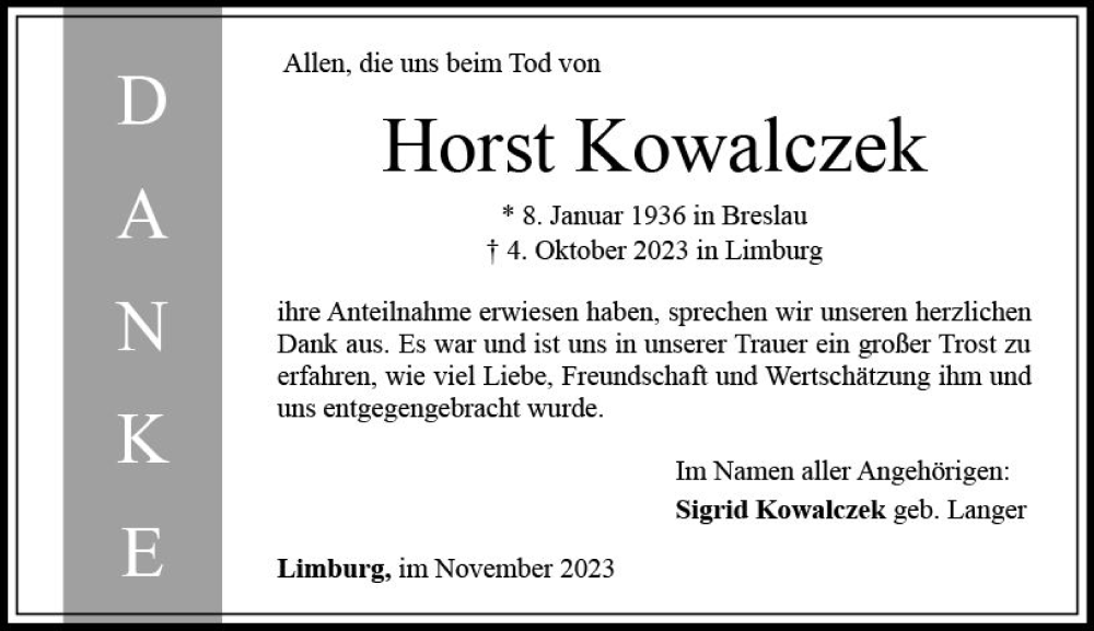  Traueranzeige für Horst Kowalczek vom 04.11.2023 aus Nassauische Neue Presse