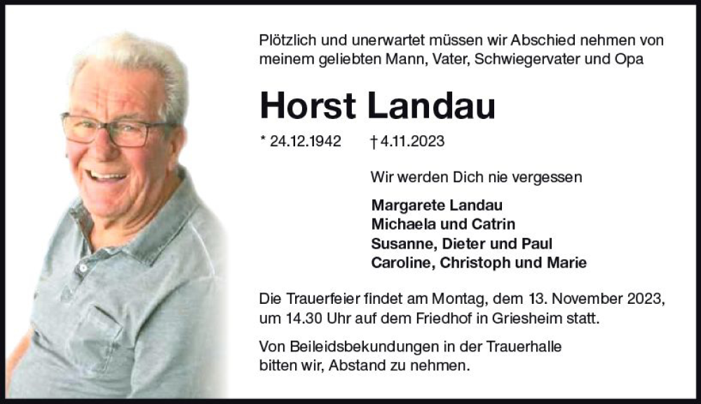  Traueranzeige für Horst Landau vom 08.11.2023 aus Darmstädter Echo