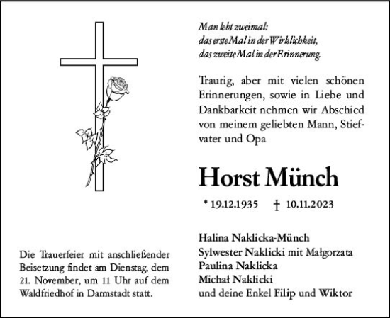 Traueranzeige von Horst Münch von Darmstädter Echo