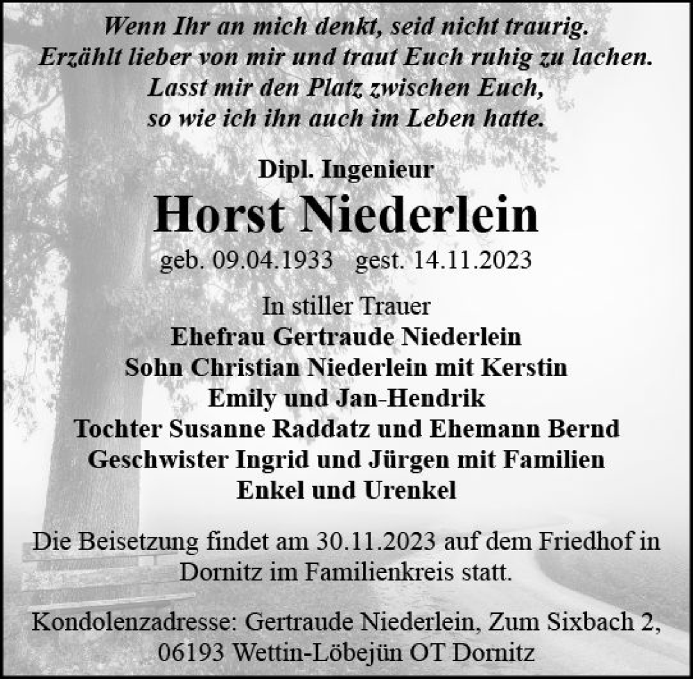  Traueranzeige für Horst Niederlein vom 25.11.2023 aus Allgemeine Zeitung Bingen/Ingelheim