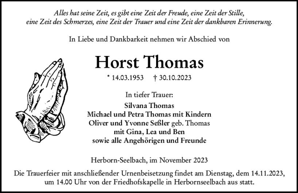  Traueranzeige für Horst Thomas vom 09.11.2023 aus Dill Block