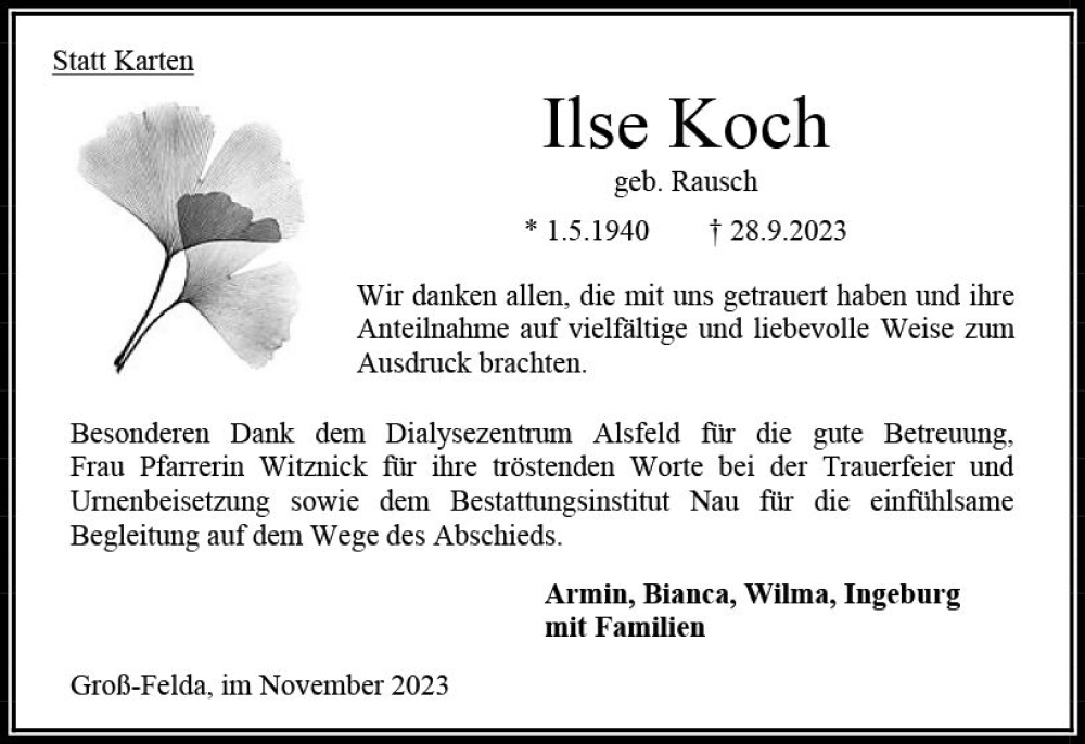  Traueranzeige für Ilse Koch vom 11.11.2023 aus Oberhessen Kurier