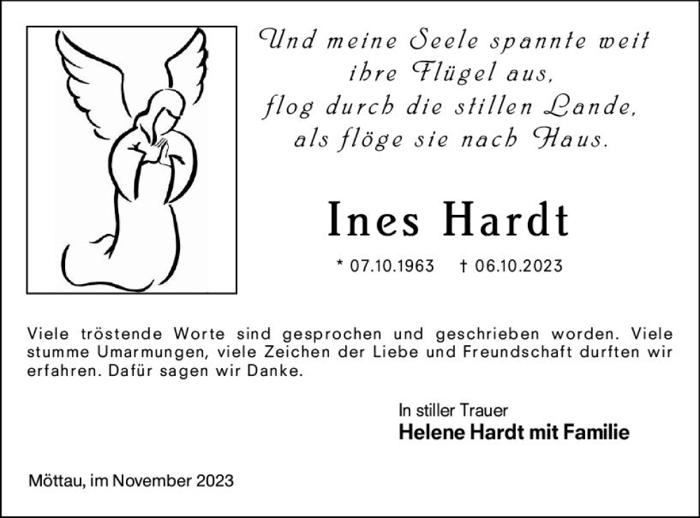  Traueranzeige für Ines Hardt vom 04.11.2023 aus Weilburger Tageblatt
