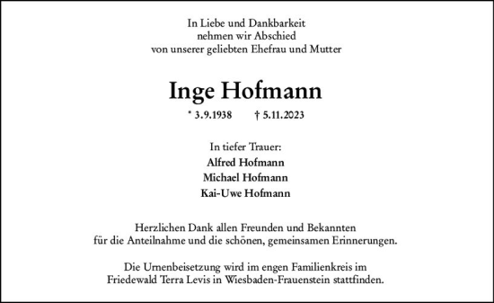 Traueranzeige von Inge Hofmann von Wiesbadener Kurier