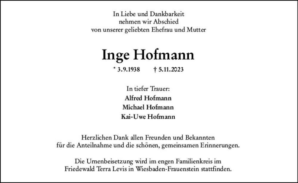  Traueranzeige für Inge Hofmann vom 18.11.2023 aus Wiesbadener Kurier