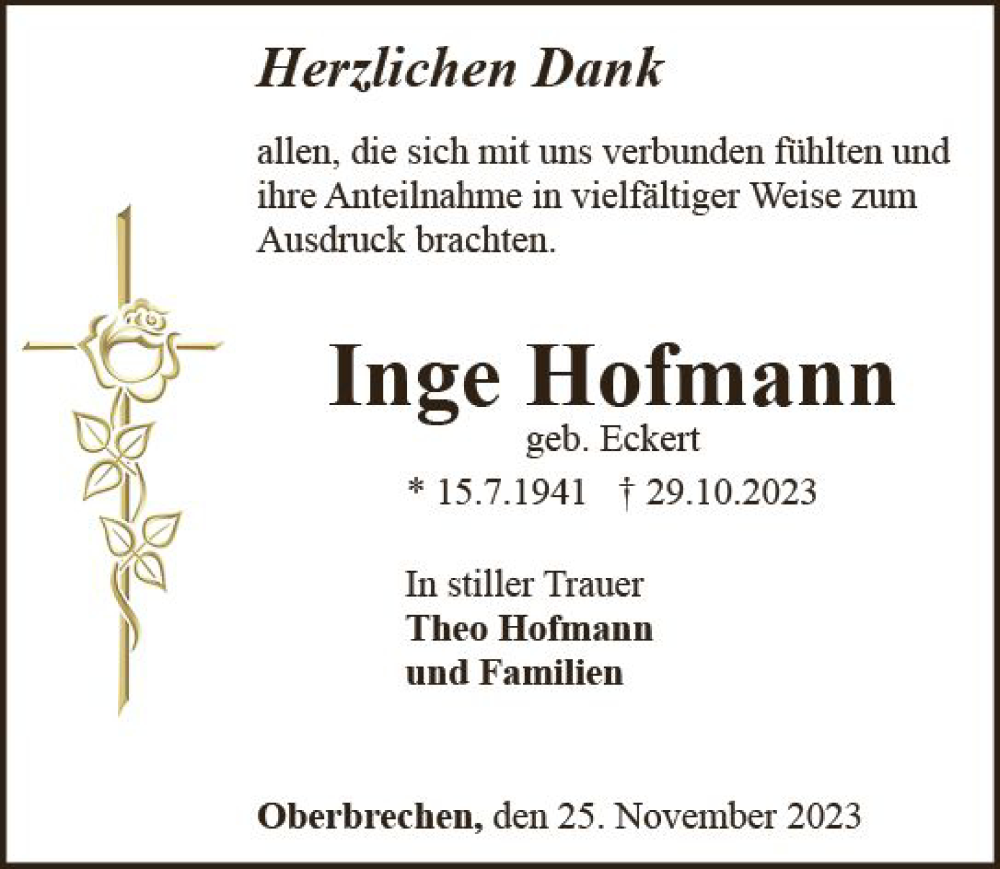  Traueranzeige für Inge Hofmann vom 25.11.2023 aus Nassauische Neue Presse