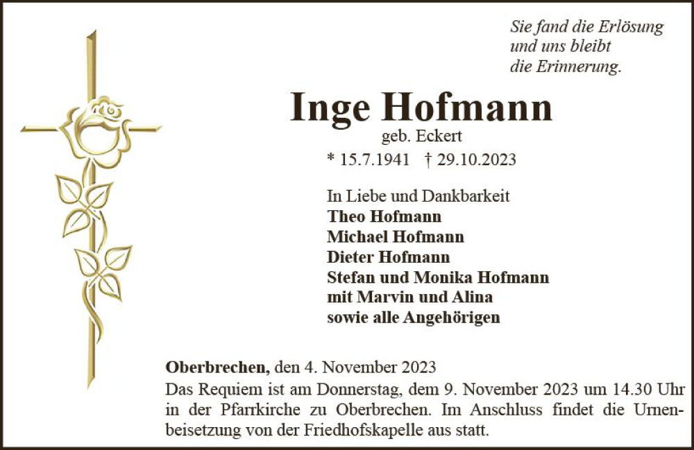  Traueranzeige für Inge Hofmann vom 04.11.2023 aus Nassauische Neue Presse