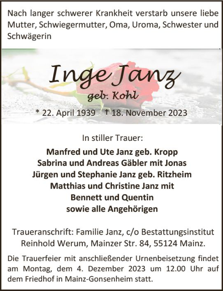  Traueranzeige für Inge Janz vom 25.11.2023 aus Allgemeine Zeitung Mainz