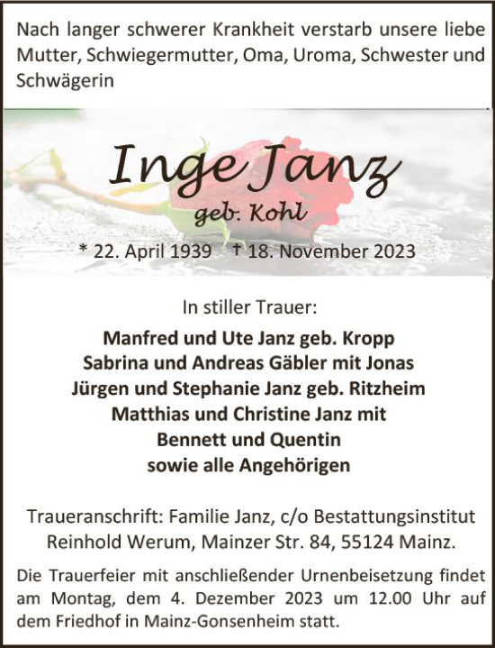 Traueranzeige von Inge Janz von Allgemeine Zeitung Mainz
