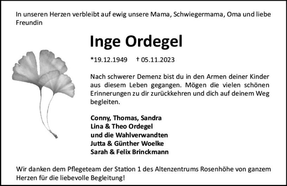  Traueranzeige für Inge Ordegel vom 11.11.2023 aus Darmstädter Echo