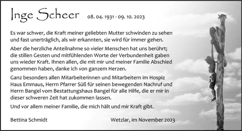  Traueranzeige für Inge Scheer vom 11.11.2023 aus Wetzlarer Neue Zeitung