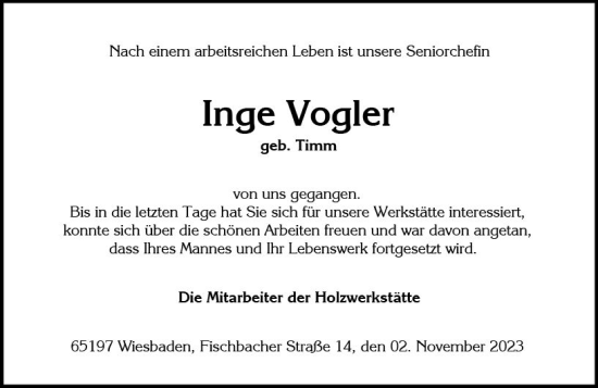Traueranzeige von Inge Vogler von Wiesbadener Kurier