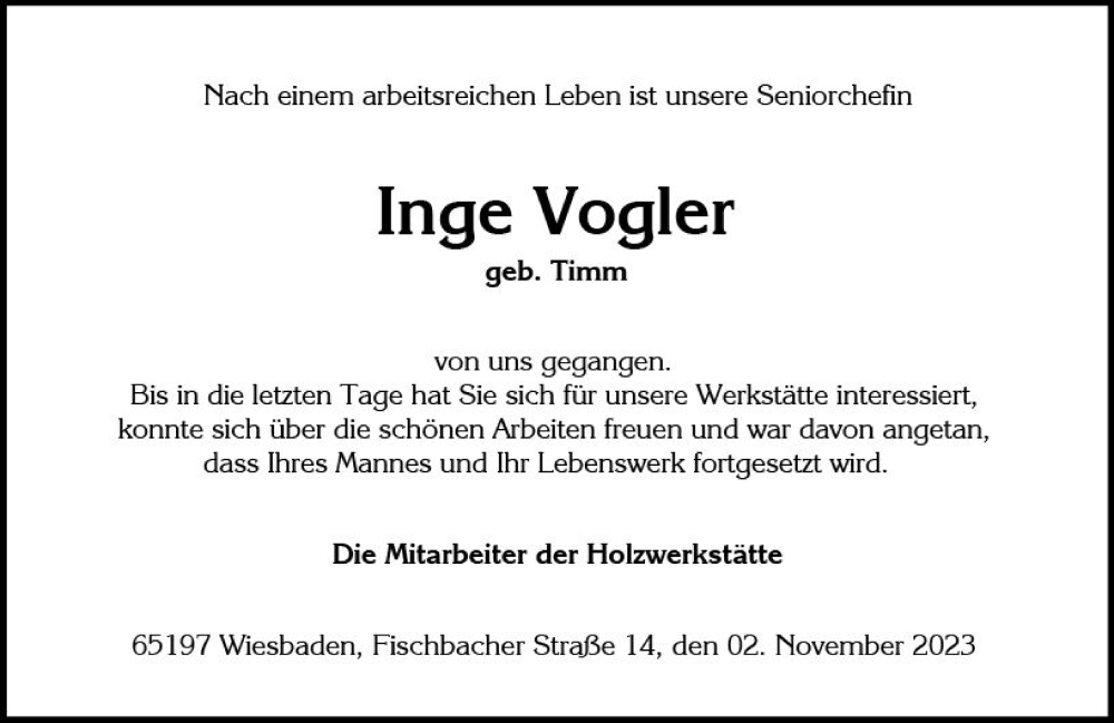  Traueranzeige für Inge Vogler vom 11.11.2023 aus Wiesbadener Kurier
