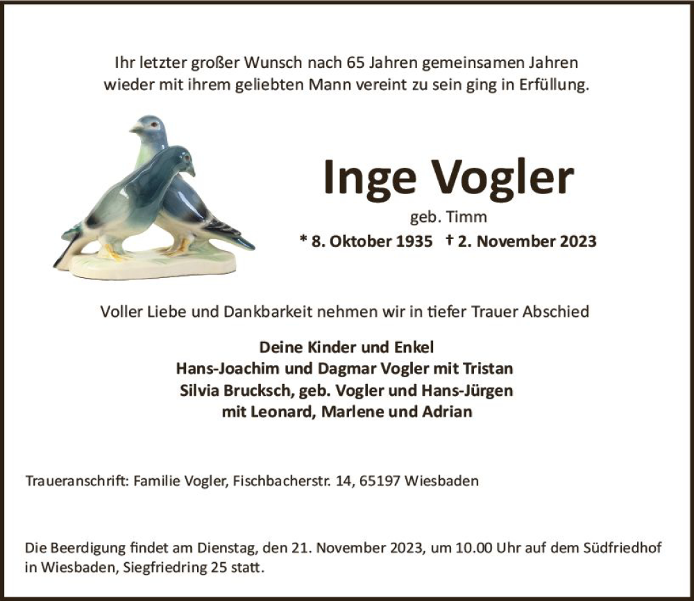  Traueranzeige für Inge Vogler vom 11.11.2023 aus Wiesbadener Kurier
