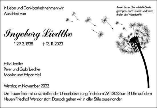 Traueranzeige von Ingeborg Liedkte von Wetzlarer Neue Zeitung