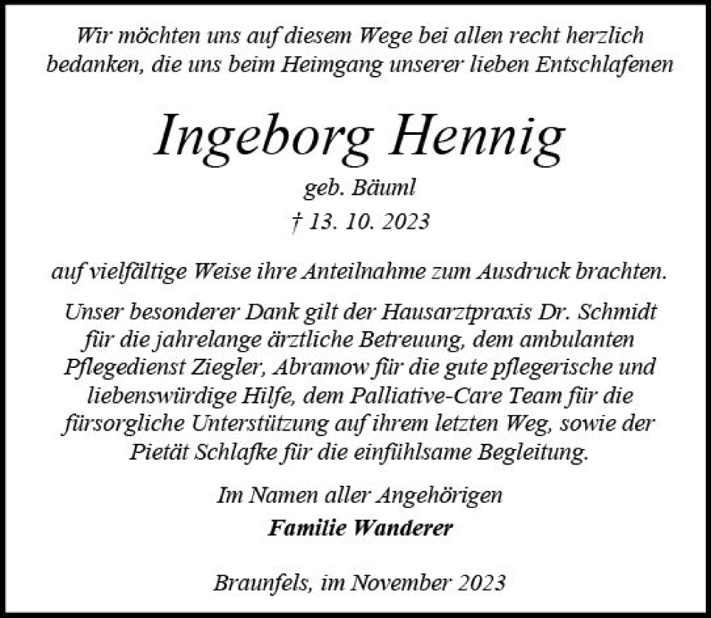  Traueranzeige für Ingeborg Hennig vom 25.11.2023 aus Wetzlarer Neue Zeitung