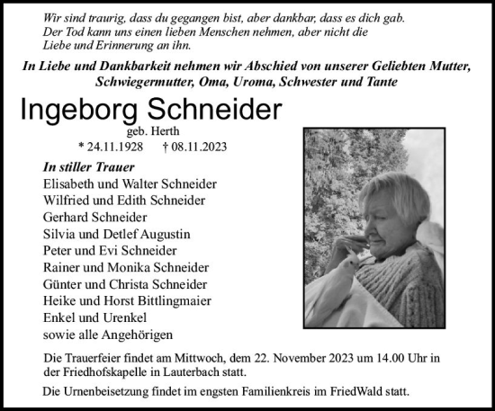 Traueranzeige von Ingeborg Schneider von VRM Trauer