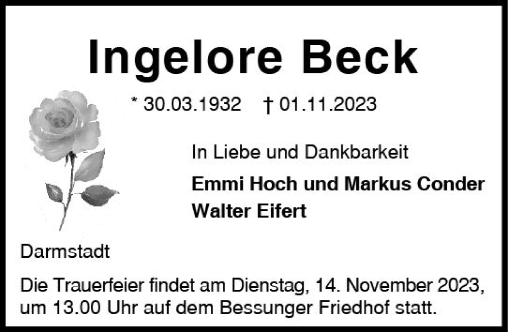  Traueranzeige für Ingelore Beck vom 11.11.2023 aus Darmstädter Echo