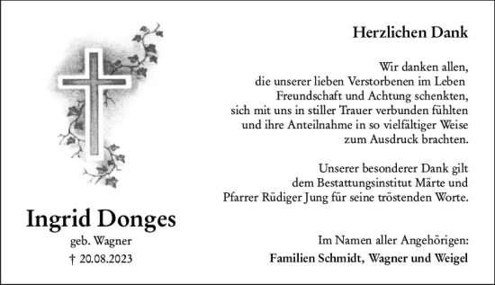 Traueranzeige von Ingrid Donges von Hinterländer Anzeiger