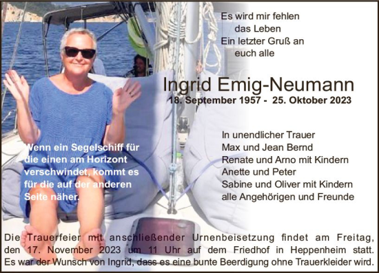 Traueranzeige von Ingrid Emig-Neumann von Starkenburger Echo