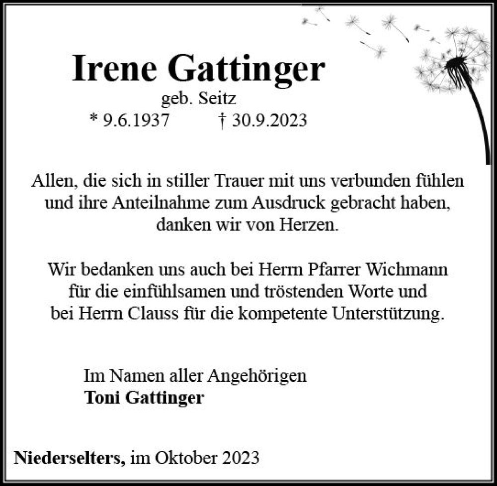  Traueranzeige für Irene Gattinger vom 02.11.2023 aus Camberger Anzeiger