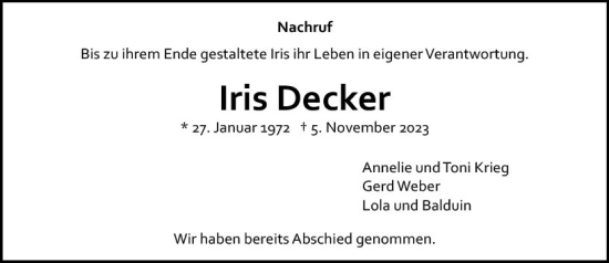 Traueranzeige von Iris Decker von Allgemeine Zeitung Bad Kreuznach