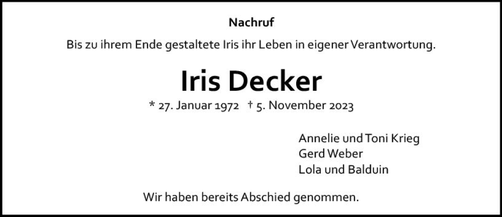  Traueranzeige für Iris Decker vom 25.11.2023 aus Allgemeine Zeitung Bad Kreuznach
