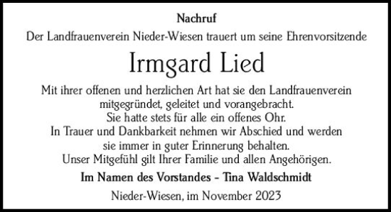 Traueranzeige von Irmgard Lied von Allgemeine Zeitung Alzey