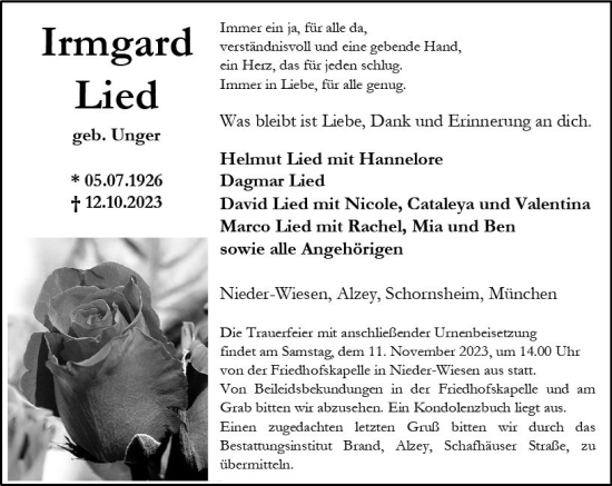 Traueranzeige von Irmgard Lied von Allgemeine Zeitung Alzey