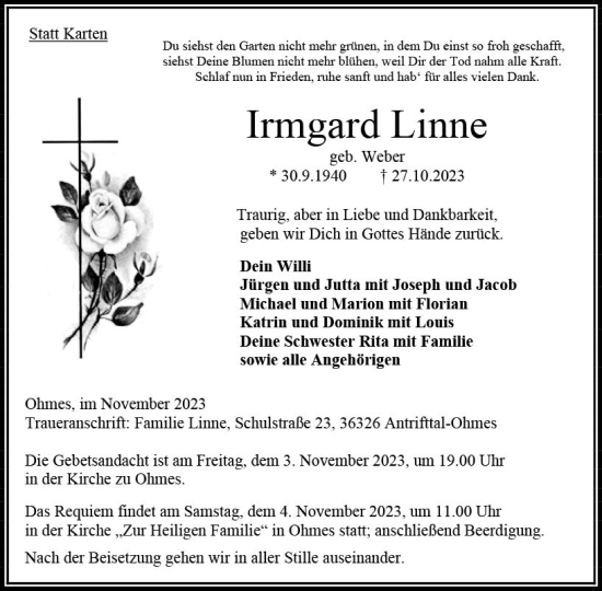 Traueranzeige von Irmgard Linne von VRM Trauer