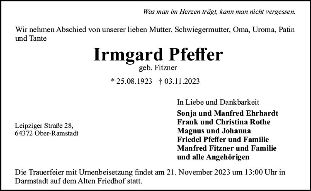  Traueranzeige für Irmgard Pfeffer vom 18.11.2023 aus Darmstädter Echo