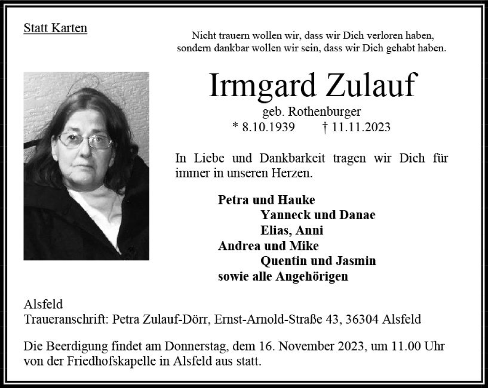  Traueranzeige für Irmgard Zulauf vom 14.11.2023 aus VRM Trauer