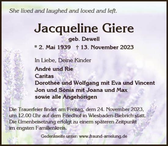 Traueranzeige von Jacqueline Giere von Wiesbadener Kurier