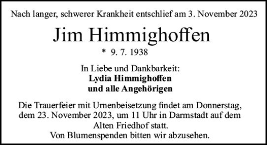 Traueranzeige von Jim Himmighoffen von Darmstädter Echo