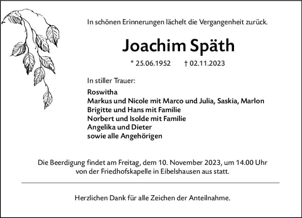  Traueranzeige für Joachim Späh vom 08.11.2023 aus Dill Block