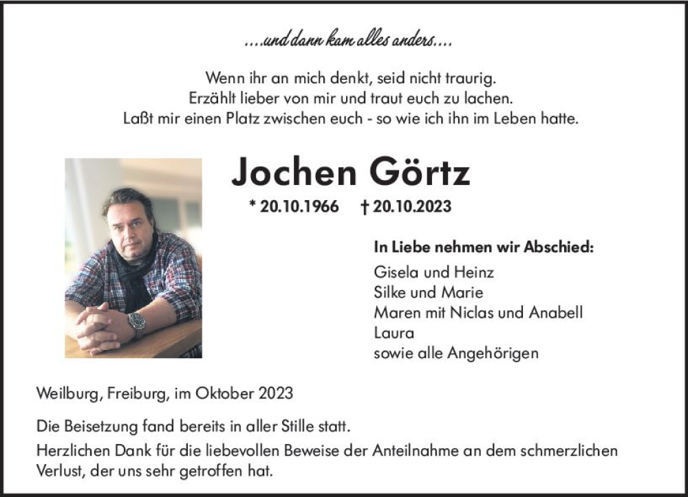 Traueranzeige für Jochen Görtz vom 04.11.2023 aus Weilburger Tageblatt
