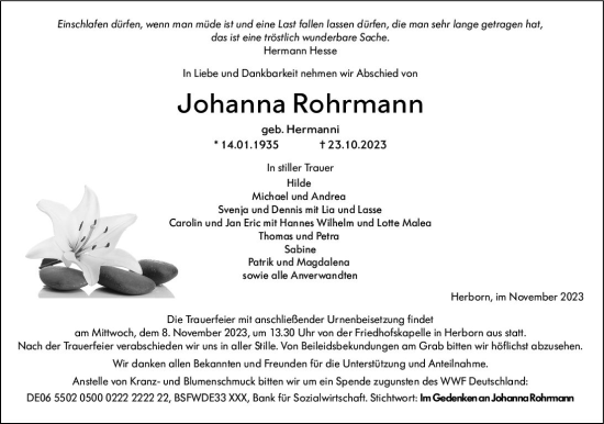 Traueranzeige von Johanna Rohrmann von Dill Block