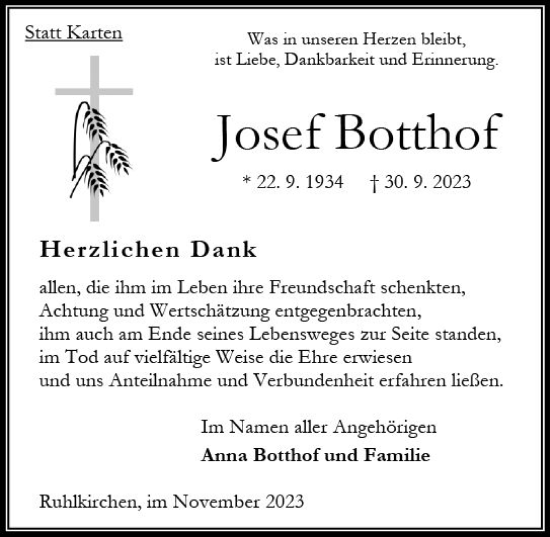 Traueranzeige von Josef Botthof von Oberhessen Kurier