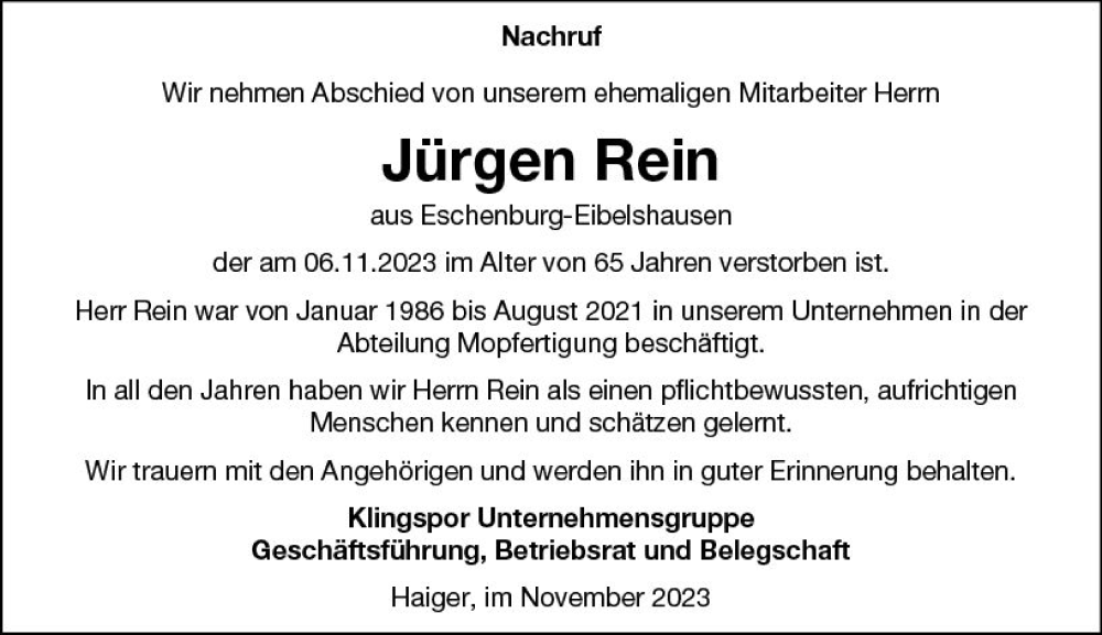  Traueranzeige für Jürgen Rein vom 18.11.2023 aus Dill Block