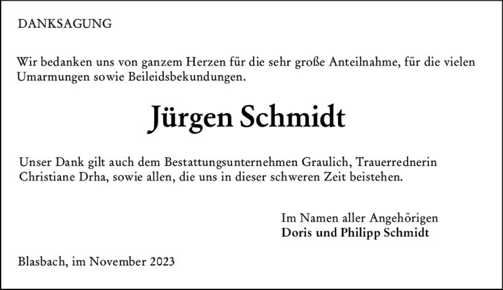 Traueranzeige für Jürgen Schmidt vom 18.11.2023 aus Wetzlarer Neue Zeitung