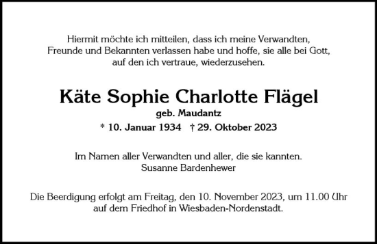 Traueranzeige von Käte Sophie Charlotte Flägel von Wiesbadener Kurier