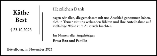 Traueranzeige von Käthe Best von Groß-Gerauer Echo