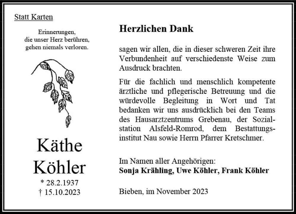 Traueranzeige für Käthe Köhler vom 18.11.2023 aus Oberhessen Kurier