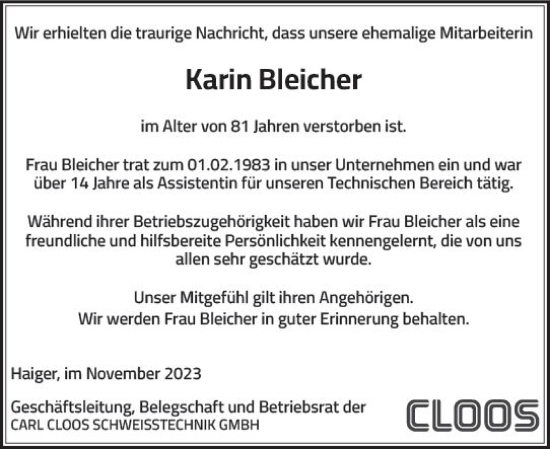 Traueranzeige von Karin Bleicher von Dill Block
