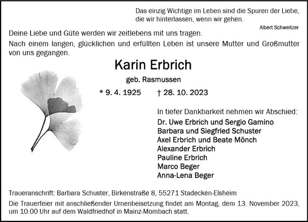  Traueranzeige für Karin Erbrich vom 04.11.2023 aus Allgemeine Zeitung Alzey