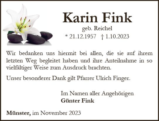 Traueranzeige von Karin Fink von Camberger Anzeiger