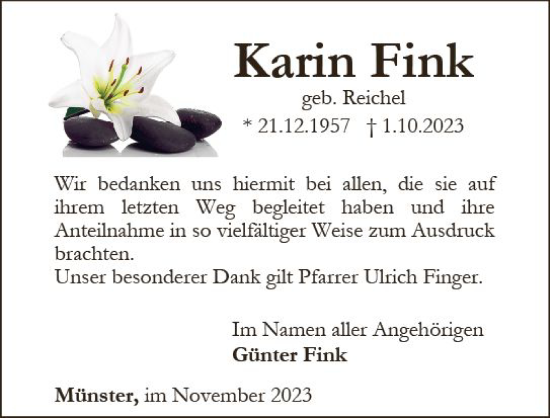 Traueranzeige von Karin Fink von Weilburger Tageblatt