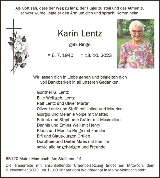Traueranzeige von Karin Lentz von Allgemeine Zeitung Mainz