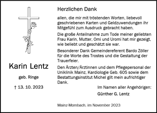 Traueranzeige von Karin Lentz von Allgemeine Zeitung Mainz
