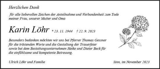 Traueranzeige von Karin Löhr von Dill Block